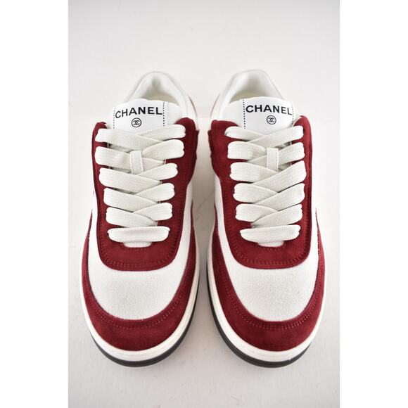 Chanel 23P Burgundy Suede White CC Logo Flat Lace Up Runner Trainer Sneaker 37 - Picture 8 of 15